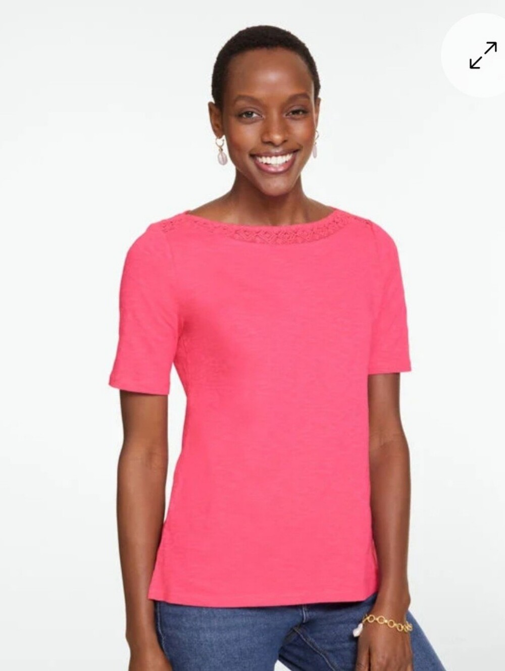 NWT Talbots Crochet Trim Bateau Neck Tee Petite Small